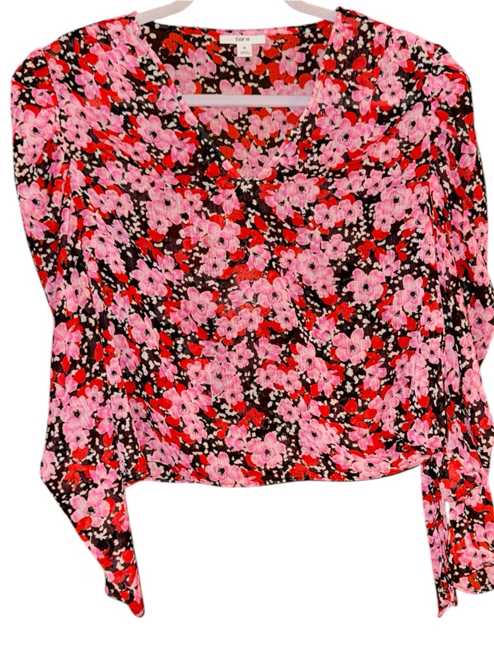 Bar III Pink & Red Floral V-Neck Puff Long Sleeve Blouse Size Medium